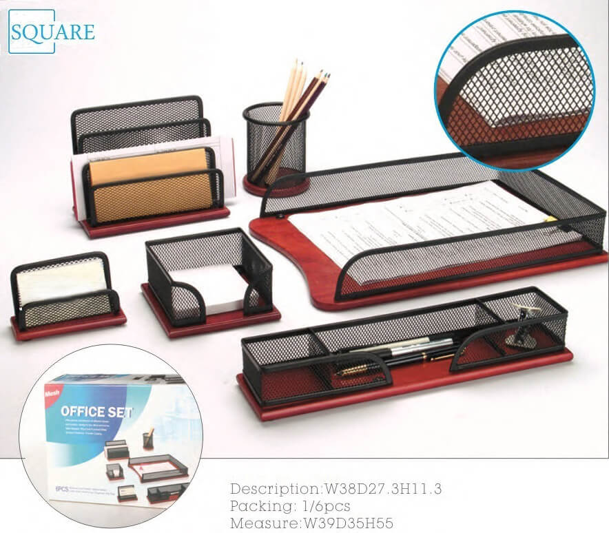 6PC Office Stationery Set Metal Mesh Wooden base Document Tray SQ63513